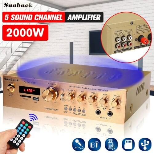 Sunbuck Bluetooth HiFi Amplifiers 220V 5CH Power Audio Amplifier Home Amp Stereo AV Surround Digital Amplifier FM Karaoke Cinema