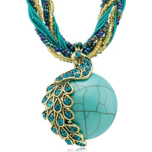 Dormon Vintage Peacock Crystal Bohemia Glass Beads Cord Rope Chain Pendant Clavicle Necklace Free Shipping DB001