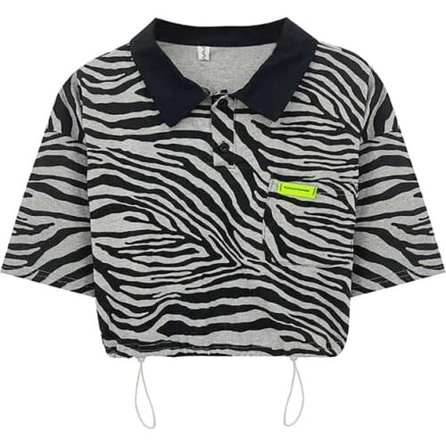 2021 Summer Harajuku Zebra Stripes Print Women Crop Top Short Sleeve Women Cotton Polo Shirt Turn-Down Collar Female Clothing