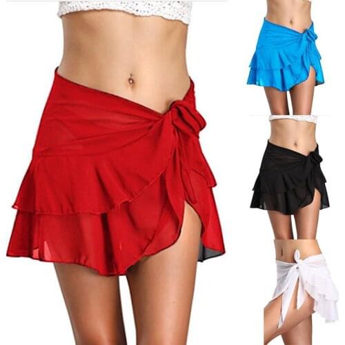 Women Beach Swimwear Cover-ups Solid Wrap Sarong Mini Skirt Chiffon Ruffles Tutu Skirts Boho Holiday Female Cover-ups