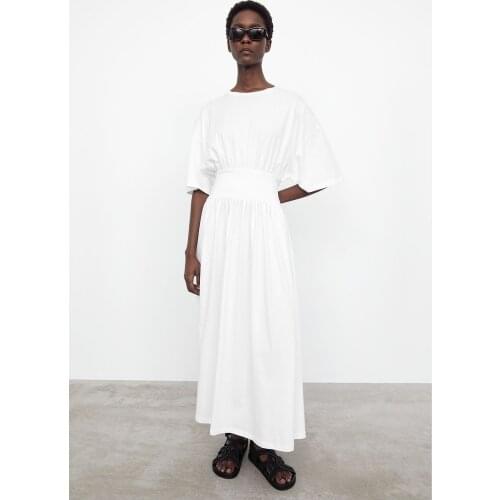 Totem* women organic cotton black white o-neck girdling half sleeve ankle length dress one piece