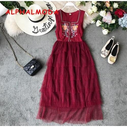 ALPHALMODA Vintage Embroidery Floral Cake Dress Single Breasted Sleeveless High Waist Slim Gauze Patchwork Ladies Sweet Vestidos