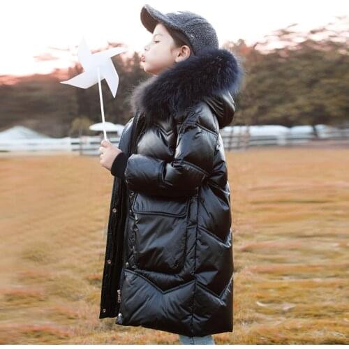 8 10 years Girls Winter Down Jackets White Fur Collar Glossy Fashion Long Parkas for Teen Girls 2021 New