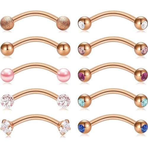 10pcs Rook Daith Earrings Stainless Steel Eyebrow Rings Studs Cartilage Tragus Cubic Zirconia Barbell Body Piercing 16 Gauge 8mm