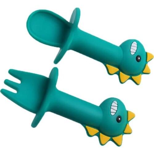 2 Pcs set Baby Fork spoon Silicone Soft Feeding Spoon Dinosaur Cartoon Spoons Dishes Infant Utensils Learning