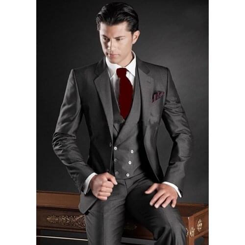 2019 Dark Grey Suits Men Notch Lapel Slim Fit Groomsmen Suits Wedding Groom Tuxedos Men Suit Regular Styles (Jacket+Vest+Pants)