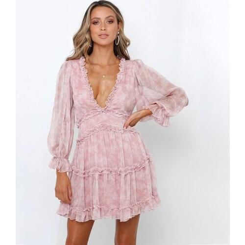 2020 Womens Spring Mini Dress A-line Ruffles Pleated Dress Deep V-neck Cake Dresses Floral Printing Chiffon Elegant Sweet Dress