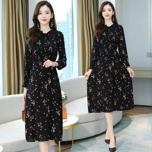2021 Elegant Women Party Long Sleeve Dress Spring Autumn Black Floral Chiffon Dot Boho Midi Dress Vintage Bodycon Maxi Vestidos