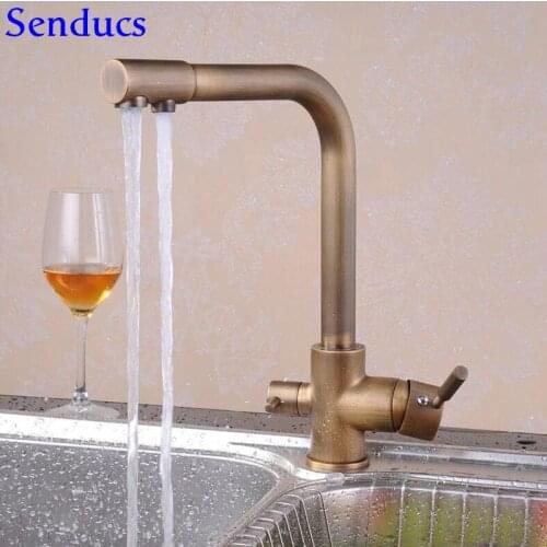 Senducs Antique Water Filter Faucet Deck Mounted Dual Handle Hot Cold Kitchen Sink Faucet Quality Brass Antique Kitchen Faucet