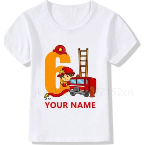 Boys/Girls Cool Name Fire Truck Birthday Numbers T-Shirt Children Boys Happy Birthday T Shirt White T-Shirt Baby Cartoon T Shirt