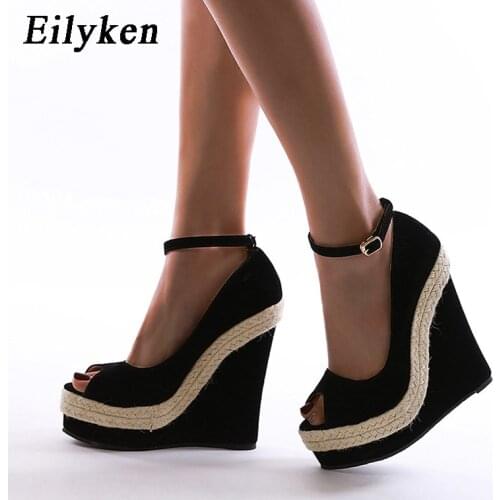 Eilyken High Quality Straw Weave Wedges Platform Sandals New High Heels Women Buckle Strap Summer Party Ankle Wrap Black Shoes