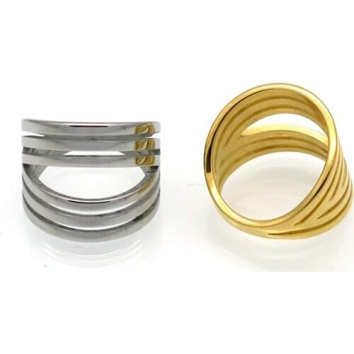 Hot Sale Fashion Women Girls Simple Color Gold Stainless Steel 18mm Wide Round Six Layer Circle Hollow Rings Jewelry