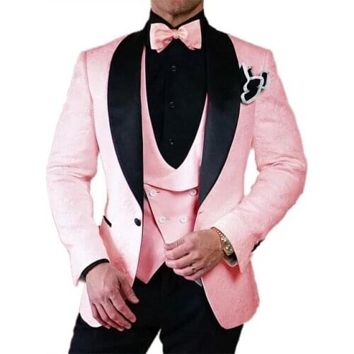 JELTONEWIN Pink Wedding Party Suit For Men Slim Fit 3 Pieces Set Formal Groom Groomsmen Tuxedos 2021 Custom Made Terno Masculino