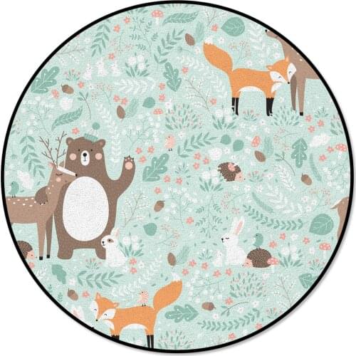 Modern Home Decorative Round Carpet Forest Animal Bear Deer Fox Rabbit Bird Printed Round Area Rugs Parlor Bedroom Floor Mat