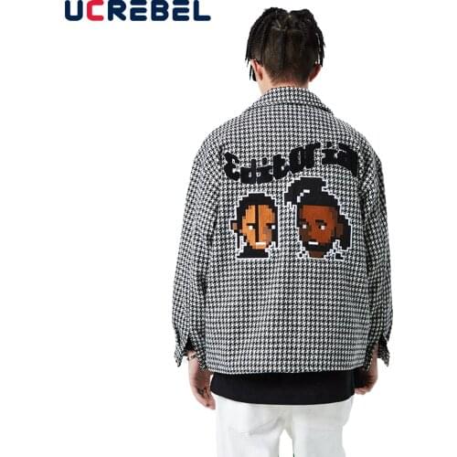 Cartoon Patch Embroidery Small Plaid Jacket Mens Autumn Casual Coach Jacket Streetwear Loose Outerwear Men