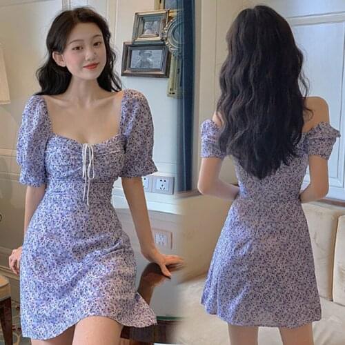 Summer Printed Vintage Dresses 2021 Fashion Puff Sleeve Casual Short Mini Dress Women Korean Clothes Chiffon Sexy Bodyon Dress