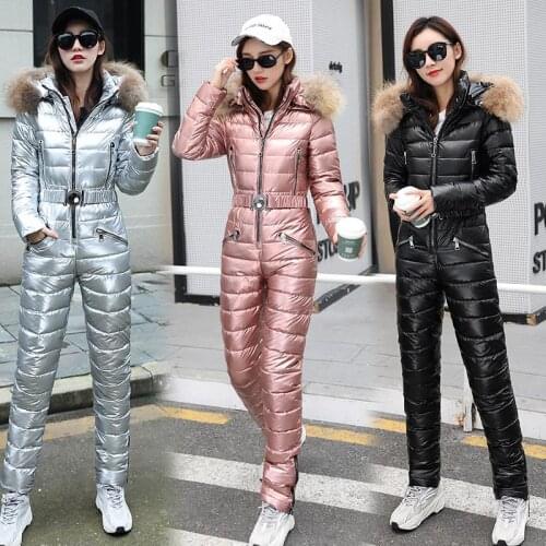 Ski Suit Women One-piece Fashion Hooded With Fur Collar Outdoor Snowboard Jacket Windproof Warm Cotton Clothing Jumpsuit Ski Set
