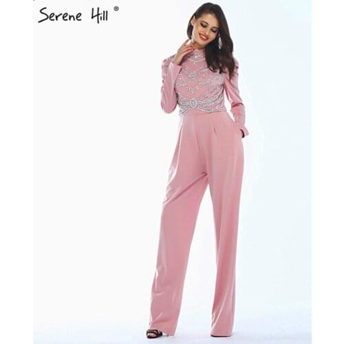 Muslim Pink Long Sleeves Prom Dresses 2020 High Collar Diamond Jumpsuit Prom Gowns Serene Hill BLA60910