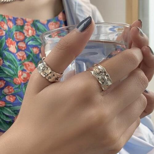 Irregular Antique Smiley Letter Bump 925 Sterling Silver Adjustable Ring For Women Retro Dainty Jewelry Gift