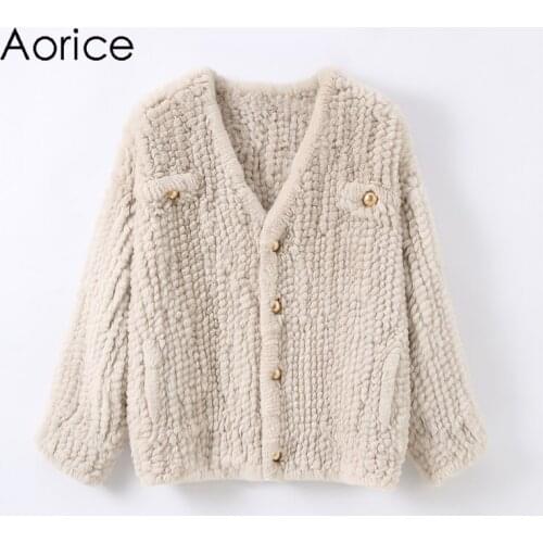 Aorice Women Real Rabbit Fur Coat Jacket New Female Knitted Casual Coats Jackets Parka CT123