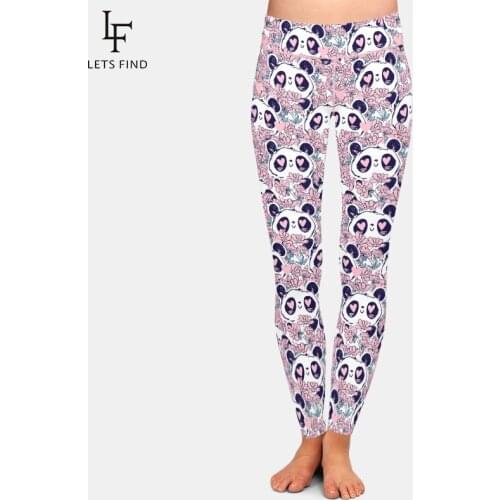 LETSFIND 3D Panda Bear and Flowers Print Slim Women Pants Fashion High Waist Plus Size Soft Fitness Elastic Leggings
