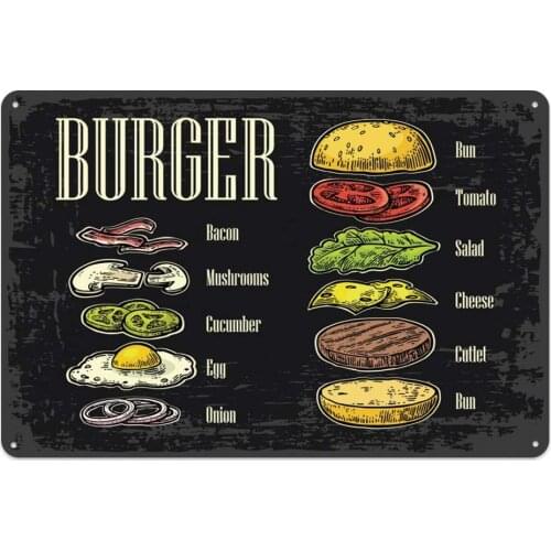 Original Vintage Design Hamburger Tin Metal Wall Art Signs, Thick Tinplate Print Poster Wall Decoration