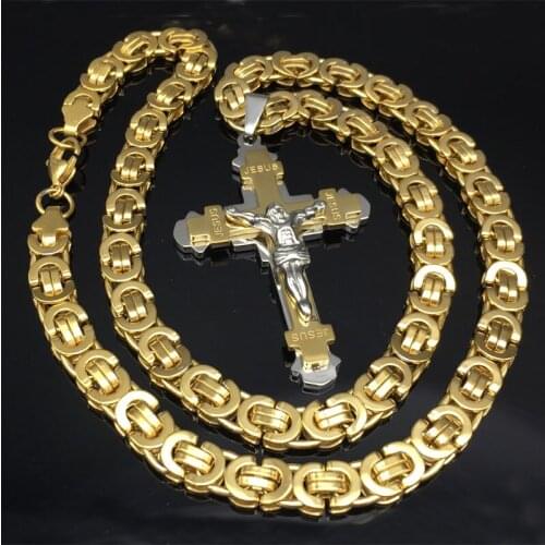 New Stainless Steel Christs Jesus Cross Pendant Necklace Link Byzantine Chain Gold Tone Necklaces for Men 23.62" 5mm DIY Jewelry