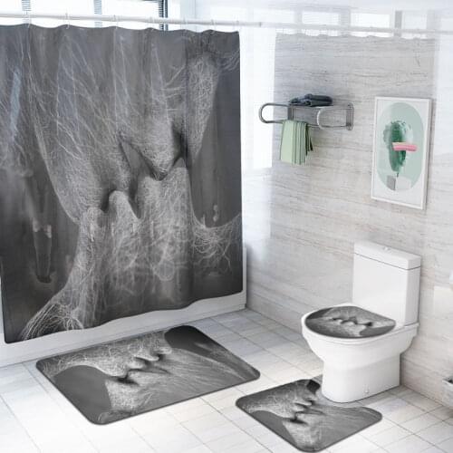 Gray Abstract Couples Kissing Print Fabric Polyester Bathroom Curtain Non-Slip Carpets Rug Toilet Seat Cover Mat Set Home Decor