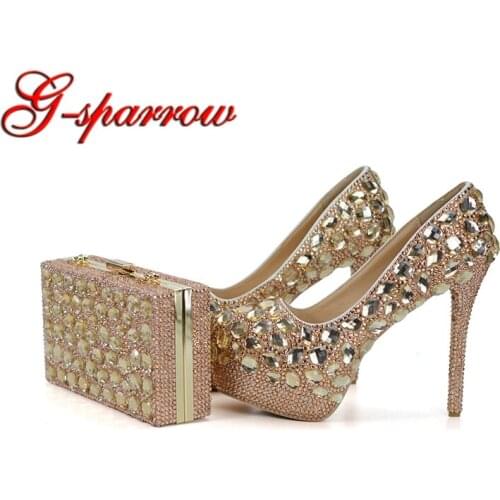 Champagne Wedding Ball Shoes with Matcing Bag Gorgeous Stone Bride Dress Shoes Graduate Farewell Ceremony Pumps with Purse
