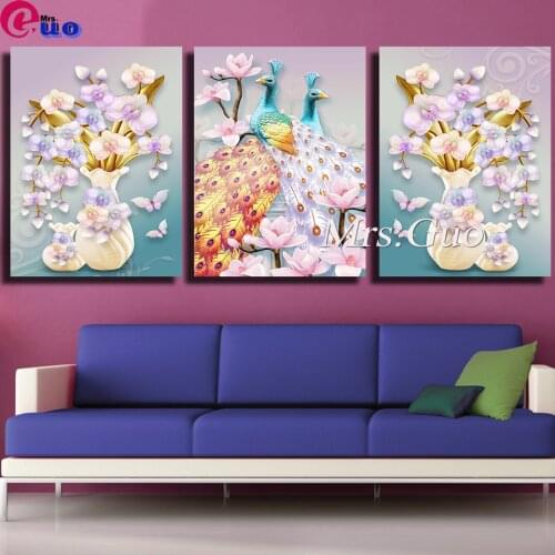 "Triptych with a bright peacock 5D DIY square/round Diamond Painting Cross Stitch Diamond Embroidery Pattern Home Decor