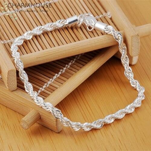 Solid 925 Silver Bracelets for Women Men 4mm Twisted Chain Bracelet & Bangles Wristband Pulseira Fashion Jewelry Gifts Bijoux