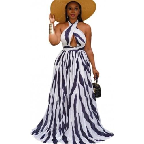 Striped African Dress Women Halter Hollow Backless High Waist Robes Summer New Elegant Chic Beach Sexy African Maxi Dresses 2021