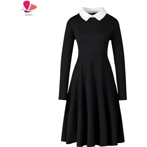 APIPEE Wine Red Winter Dress 2020 Female Elegant Office Dress Long Sleeve Cotton Dress Business Dress For Women Office