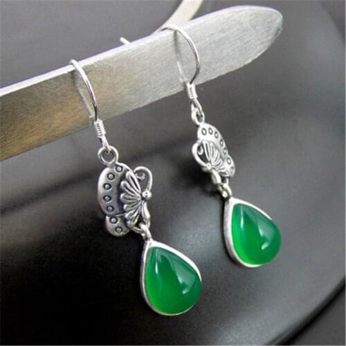 BESTLYBUY Real 925 Sterling Silver Green Agates Butterfly Drop Earrings For Ladies Thai Silver New Earrings FREE SHIPPING