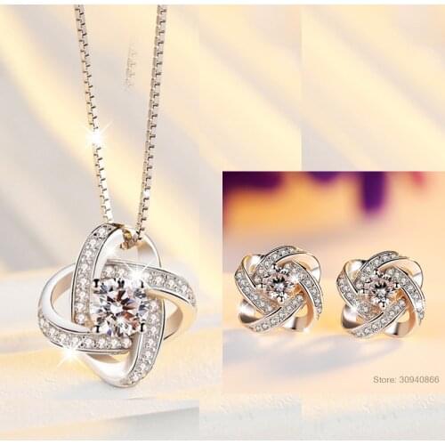 925 Sterling Silver Jewelry Sets For Women Forever Love Twist Flower Zirconia Knot Necklace+Earrings Wedding Jewelry