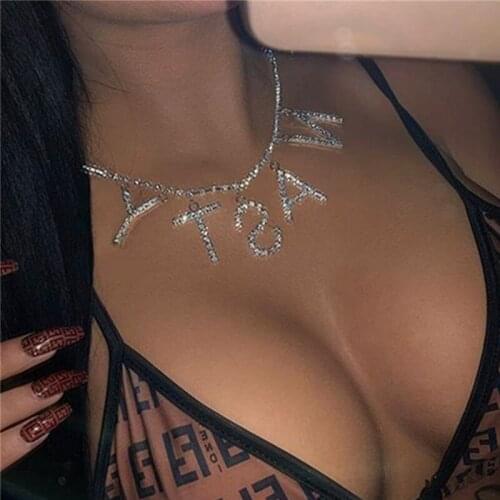 Woman Crystal Letter Pendants Necklace Shining Rhinestone NASTY AMOUR Sexy neck chains for women Nightclub Gift Party