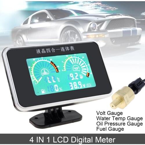 12V/24V Universal 4 In 1 LCD Digital Volt Gauge + Water Temp Gauge + Oil Pressure Gauge + Fuel Gauge with Sensor for Car Truck