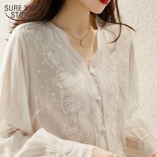 French Embroidery Flower Lace Womens Shirt V Neck Sweet Long Sleeve Linen Blouse Women Autumn Loose Elegant Sunscreen Top 16108
