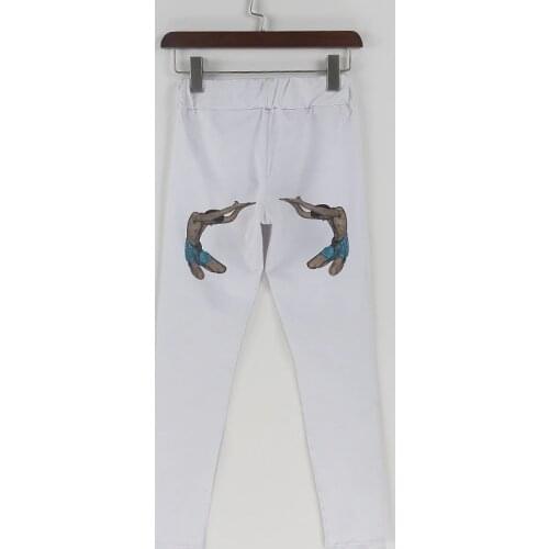 OMSJ Womens Casual Pants Pencil Trousers 2018 Spring Autumn White funny printed Stretch Pants For Women Slim Ladies pant Trouser