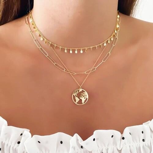 Fashion Sequins Chain Choker Necklace for Women Gold Color Coin Map Pendant Necklace Chunky Chain Necklaces Chokers Punk Jewelry
