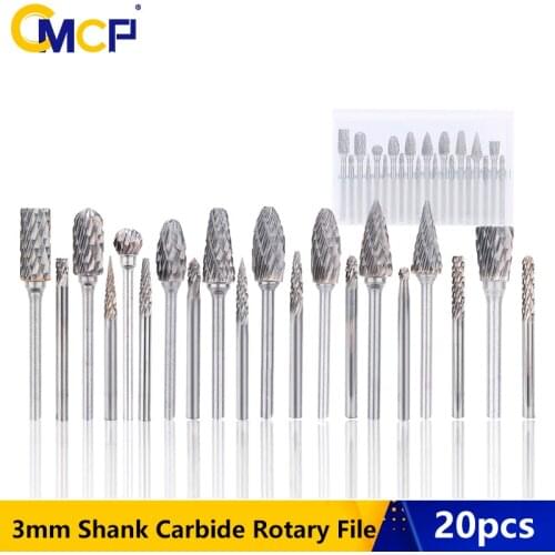 CMCP Tungsten Carbide Rotary Files 20pcs 3mm Shank Double Cut Rotary Burrs Bit Set Electric Grinding Woodworking Milling Cutter