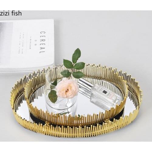 Golden Metal Glass Mirror Trays Decorative Storage Tray Dressing Table Skin Care Product Jewelry Box Storage Display Plates