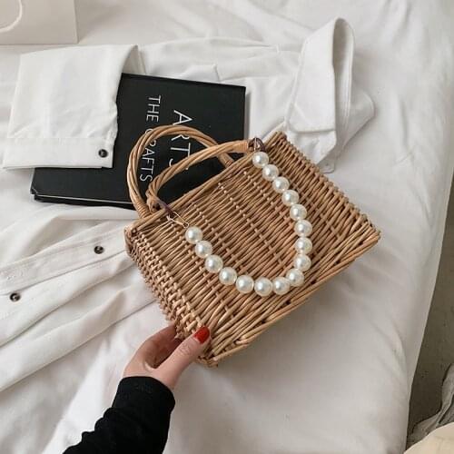 Pearl Handle Design Beach Weave Handbag 2021 Summer Quality Rattan Handmade Tote Straw Womens Designer Travel Shoulder Bag