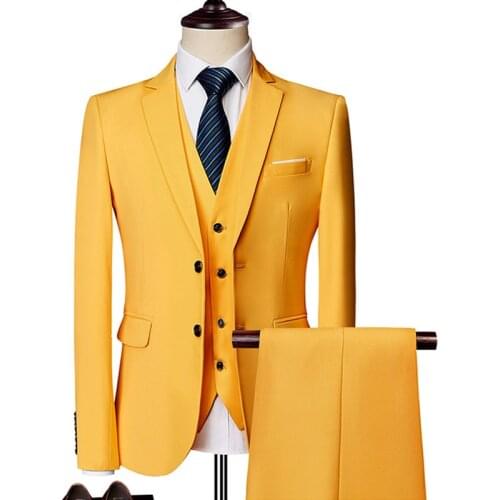 Mens Suit 2019 Wedding Suits For Men Shawl Collar 3 Pieces Slim Fit Burgundy Suit Male Yellow Tuxedo Jacket Plus Size