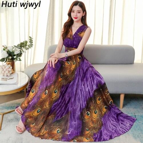 Summer Women Vintage Print Casual Vacation Dress 2021 Plus Size Chiffon Boho Beach Maxi Sundress Elegant Bodycon Party Vestidos