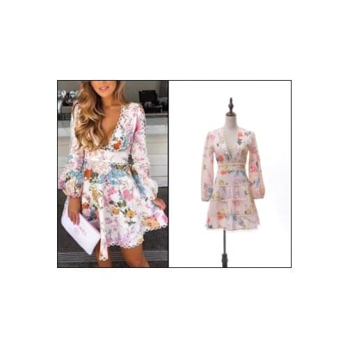 Printed Linen Dress Heather Flounce Short Dress Bohemian Beach Resort Deep V-neck Puff Sleeve Flare Dress