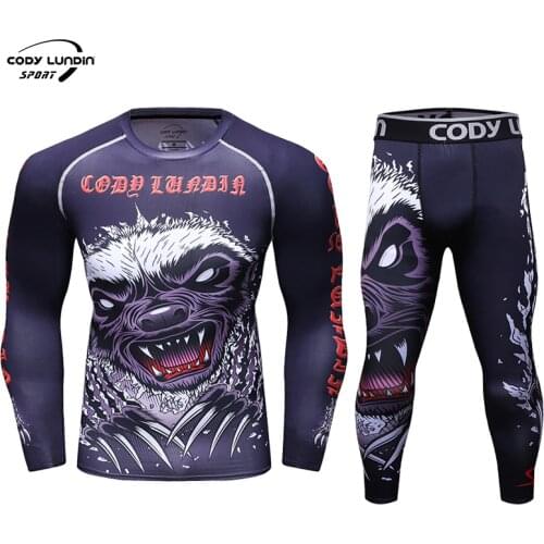 Fashion Mens 3D Printed MMA Rashguard Gym Leggings Track Suit Outdoor Jiu Jitsu Sportswear Set