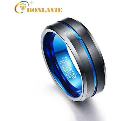 AAA Quality Mens 8mm Tungsten Carbide Ring Blue & Black Matte Finish Beveled Edge Wedding Band Size 4 to 17