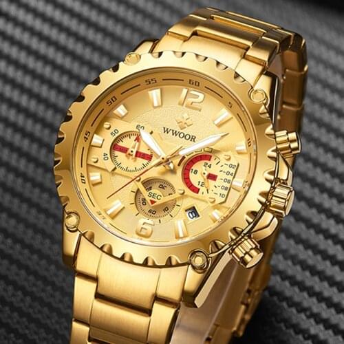 Luxury Military Watches Mens 2021 WWOOR Fashion Waterproof Quartz Analog 24 Hour Gold Watch Sports Chronograph Relogio Masculino