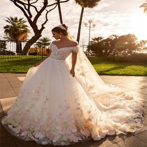 Floral A Line Wedding Dresses Hand Made Flower Robes De Mariée Off Shoulder Sweep Train Custom Made Boho Bridal Gowns